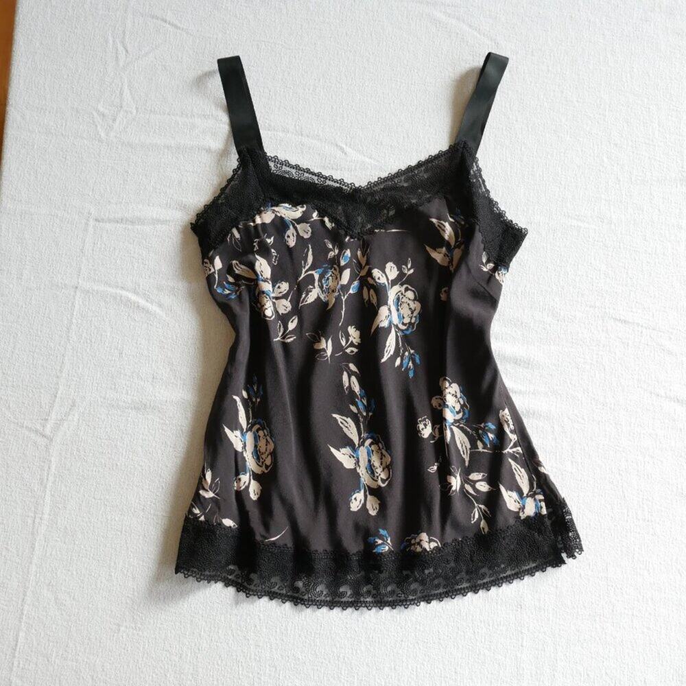 Margaret O’Leary | Black silky camisole tank top floral print lace trim small